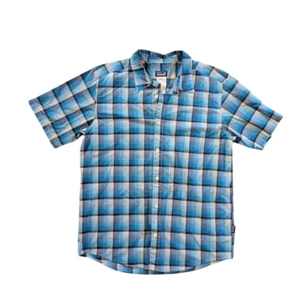 Patagonia Mens Button Up Shirt Short Sleeve Blue Plaid Medium